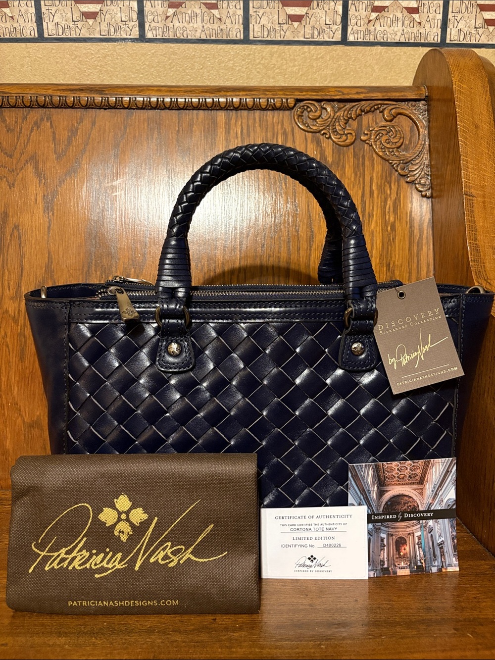 NWT-Patricia Nash-Discovery Collection-Cortona Woven Tote-Navy-Dust Bag-$399